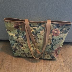 MAURIZIO TAIUTI GENUINE LEATHER Tan and Brown Floral Tapestry Tote Bag